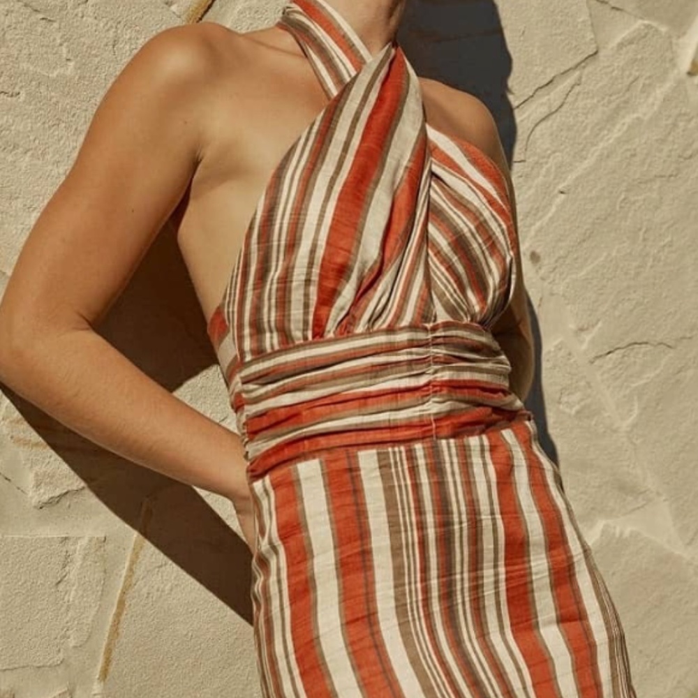 NWT DISSH Stevie Linen Blend Striped Halter MaxiDress in Orange & Brown | Size 2